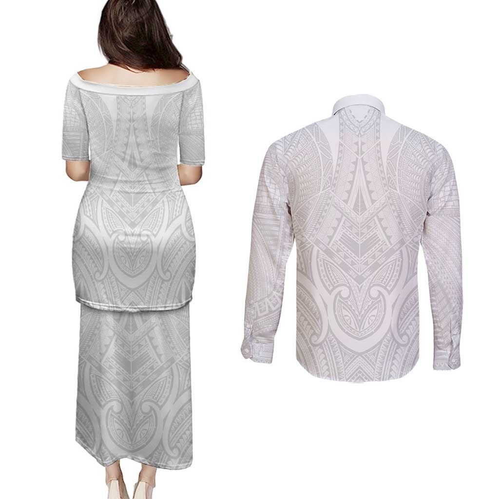Samoan Traditional Art Tattoos Couples Matching Puletasi and Long Sleeve Button Shirt Tatau Roman Reigns White Color - Polynesian Pride