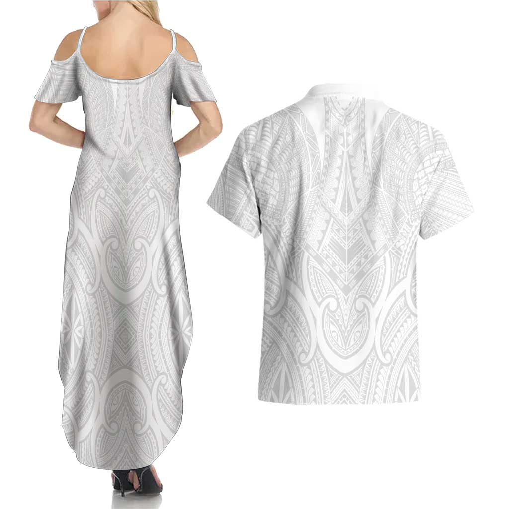 Samoan Traditional Art Tattoos Couples Matching Summer Maxi Dress and Hawaiian Shirt Tatau Roman Reigns White Color LT03 - Polynesian Pride