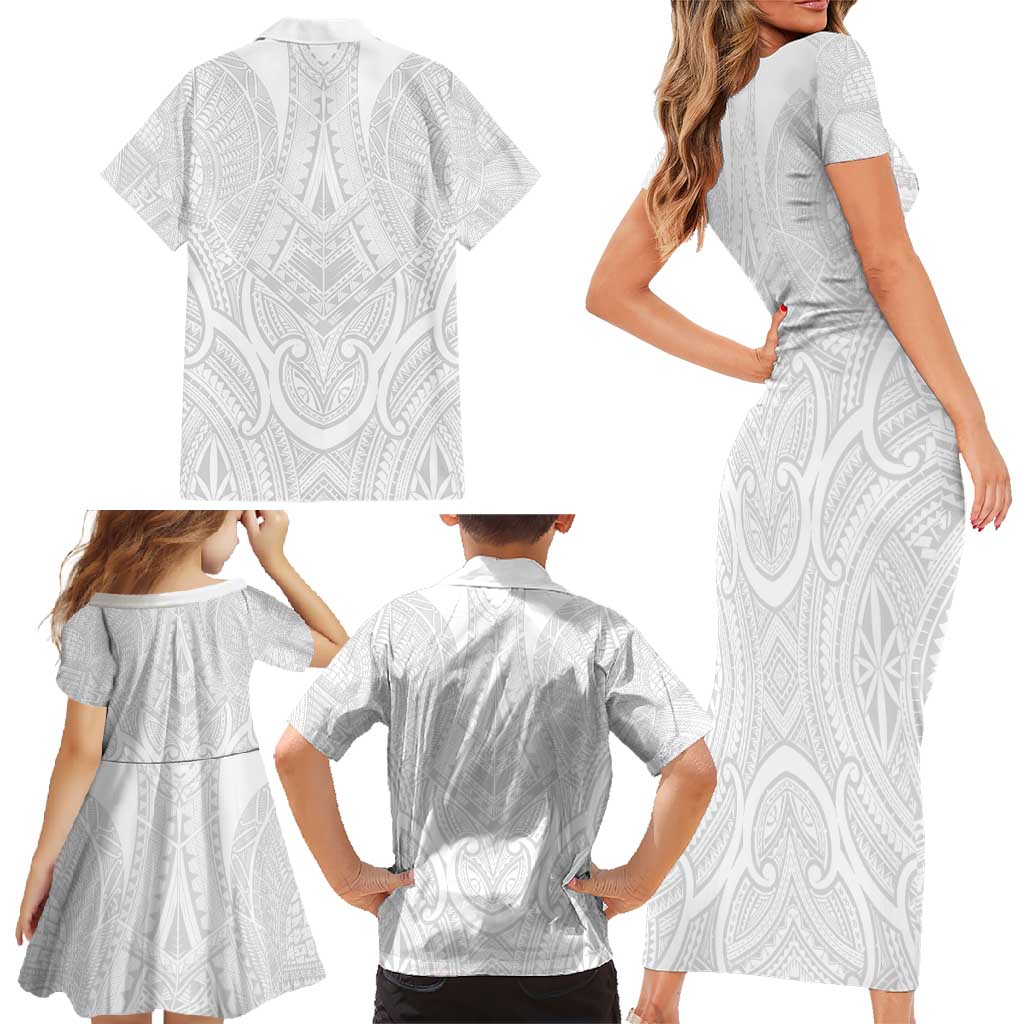 Samoan Traditional Art Tattoos Family Matching Short Sleeve Bodycon Dress and Hawaiian Shirt Tatau Roman Reigns White Color - Polynesian Pride