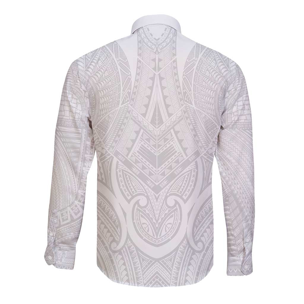 Samoan Traditional Art Tattoos Long Sleeve Button Shirt Tatau Roman Reigns White Color - Polynesian Pride