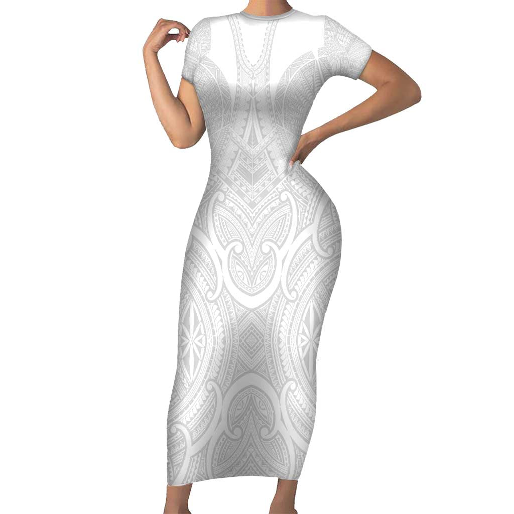Samoan Traditional Art Tattoos Short Sleeve Bodycon Dress Tatau Roman Reigns White Color - Polynesian Pride