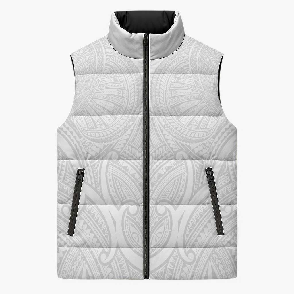 Samoan Traditional Art Tattoos Sleeveless Puffer Jacket Tatau Roman Reigns White Color - Polynesian Pride