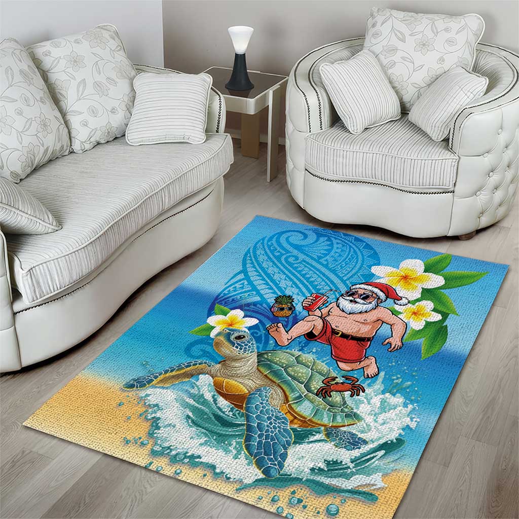 Polynesian Merry Christmas Area Rug Funny Santa with Sea Turtle Beach Plumeria - Polynesian Pride