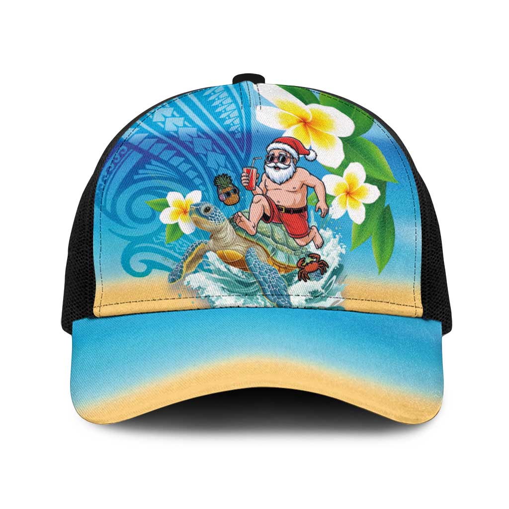 Polynesian Merry Christmas Baseball Net Cap Funny Santa with Sea Turtle Beach and Plumeria - Polynesian Pride