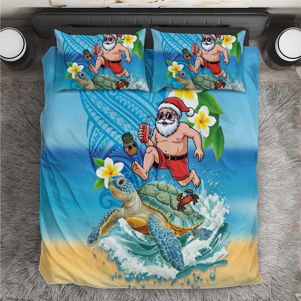 Polynesian Merry Christmas Bedding Set Funny Santa with Sea Turtle Beach Plumeria - Polynesian Pride