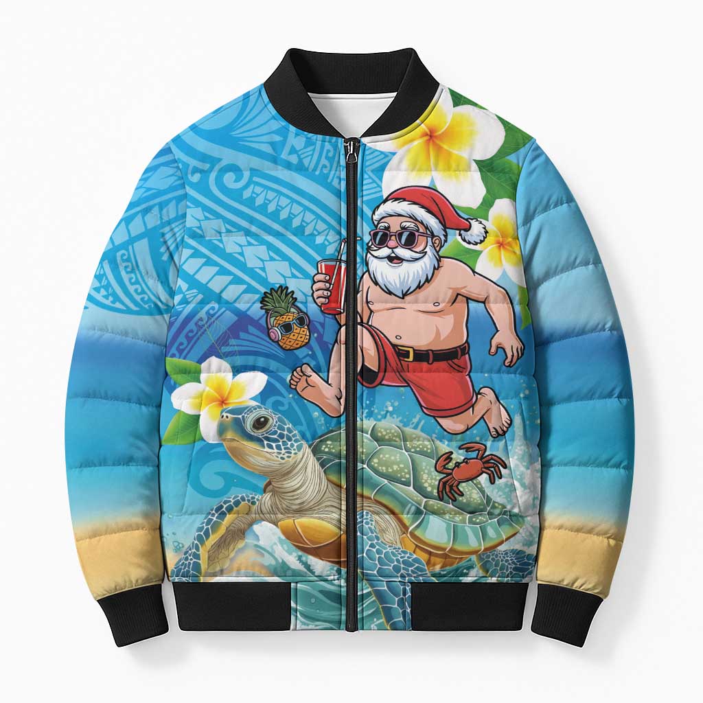 Polynesian Merry Christmas Bomber Puffer Jacket Funny Santa with Sea Turtle Beach Plumeria - Polynesian Pride
