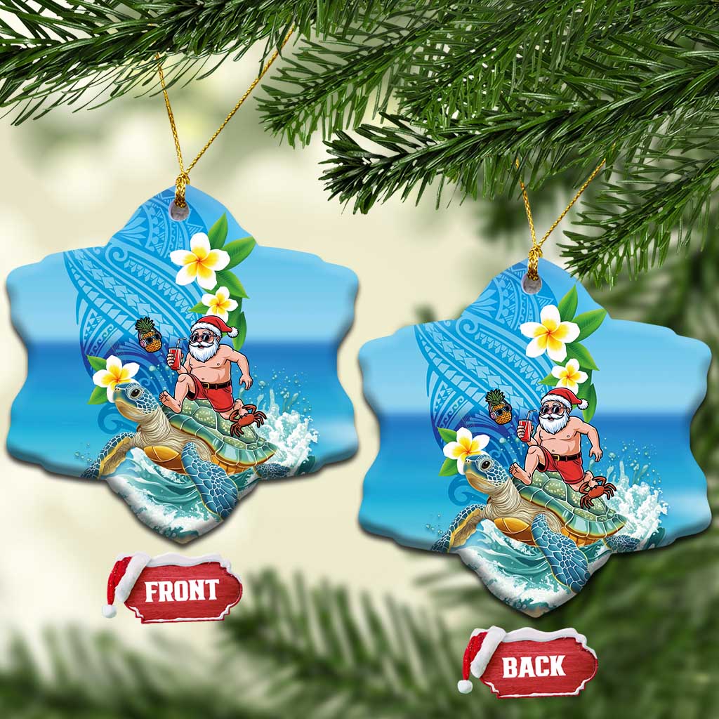 Polynesian Merry Christmas Ceramic Ornament Funny Santa with Sea Turtle on Beach and Plumeria - Polynesian Pride