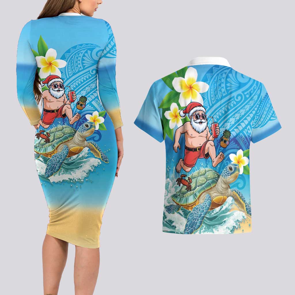 Polynesian Merry Christmas Couples Matching Long Sleeve Bodycon Dress and Hawaiian Shirt Funny Santa with Sea Turtle Beach Plumeria - Polynesian Pride