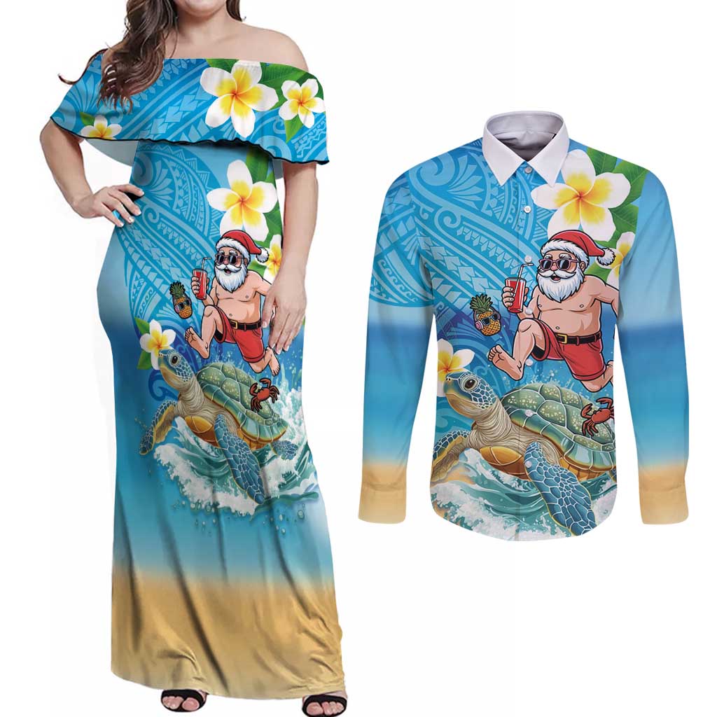 Polynesian Merry Christmas Couples Matching Off Shoulder Maxi Dress and Long Sleeve Button Shirt Funny Santa with Sea Turtle Beach Plumeria - Polynesian Pride