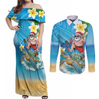 Polynesian Merry Christmas Couples Matching Off Shoulder Maxi Dress and Long Sleeve Button Shirt Funny Santa with Sea Turtle Beach Plumeria - Polynesian Pride