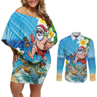 Polynesian Merry Christmas Couples Matching Off Shoulder Short Dress and Long Sleeve Button Shirt Funny Santa with Sea Turtle Beach Plumeria - Polynesian Pride