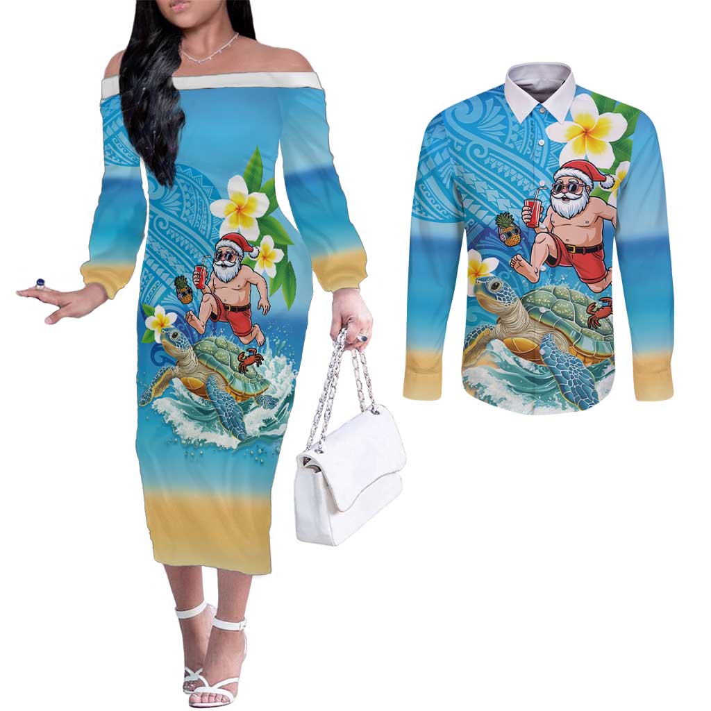 Polynesian Merry Christmas Couples Matching Off The Shoulder Long Sleeve Dress and Long Sleeve Button Shirt Funny Santa with Sea Turtle Beach Plumeria - Polynesian Pride