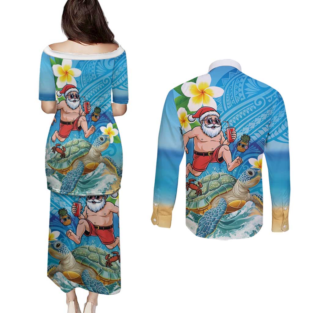 Polynesian Merry Christmas Couples Matching Puletasi and Long Sleeve Button Shirt Funny Santa with Sea Turtle Beach Plumeria - Polynesian Pride
