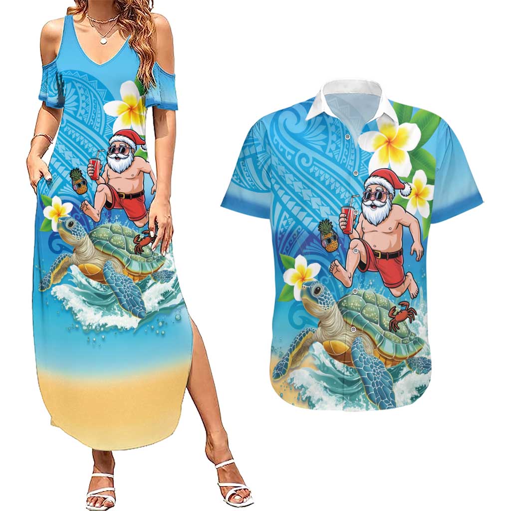 Polynesian Merry Christmas Couples Matching Summer Maxi Dress and Hawaiian Shirt Funny Santa with Sea Turtle Beach Plumeria - Polynesian Pride