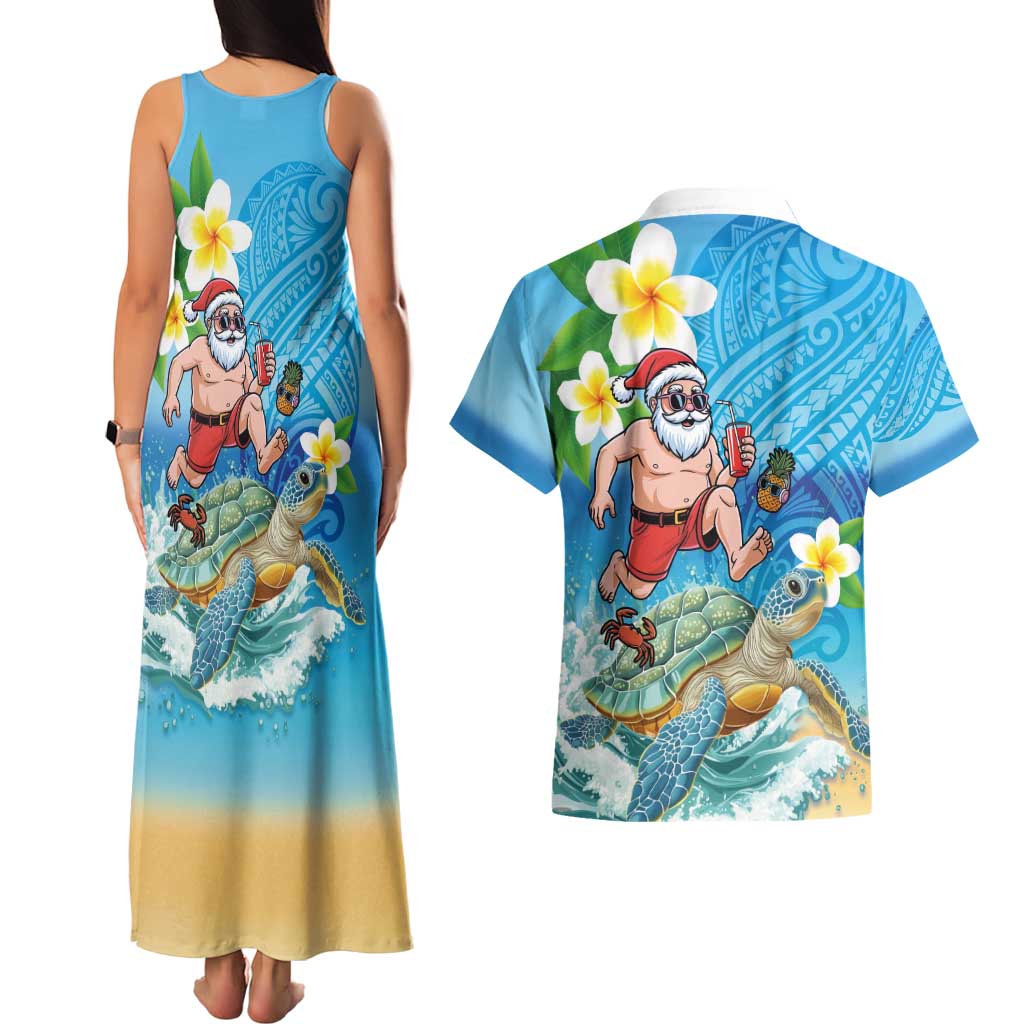 Polynesian Merry Christmas Couples Matching Tank Maxi Dress and Hawaiian Shirt Funny Santa with Sea Turtle Beach Plumeria - Polynesian Pride