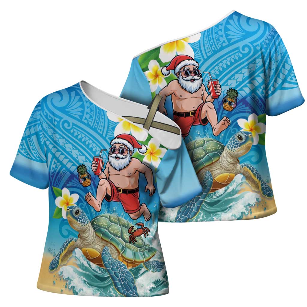 Polynesian Merry Christmas Cross Shoulder Shirt Funny Santa with Sea Turtle Beach Plumeria - Polynesian Pride