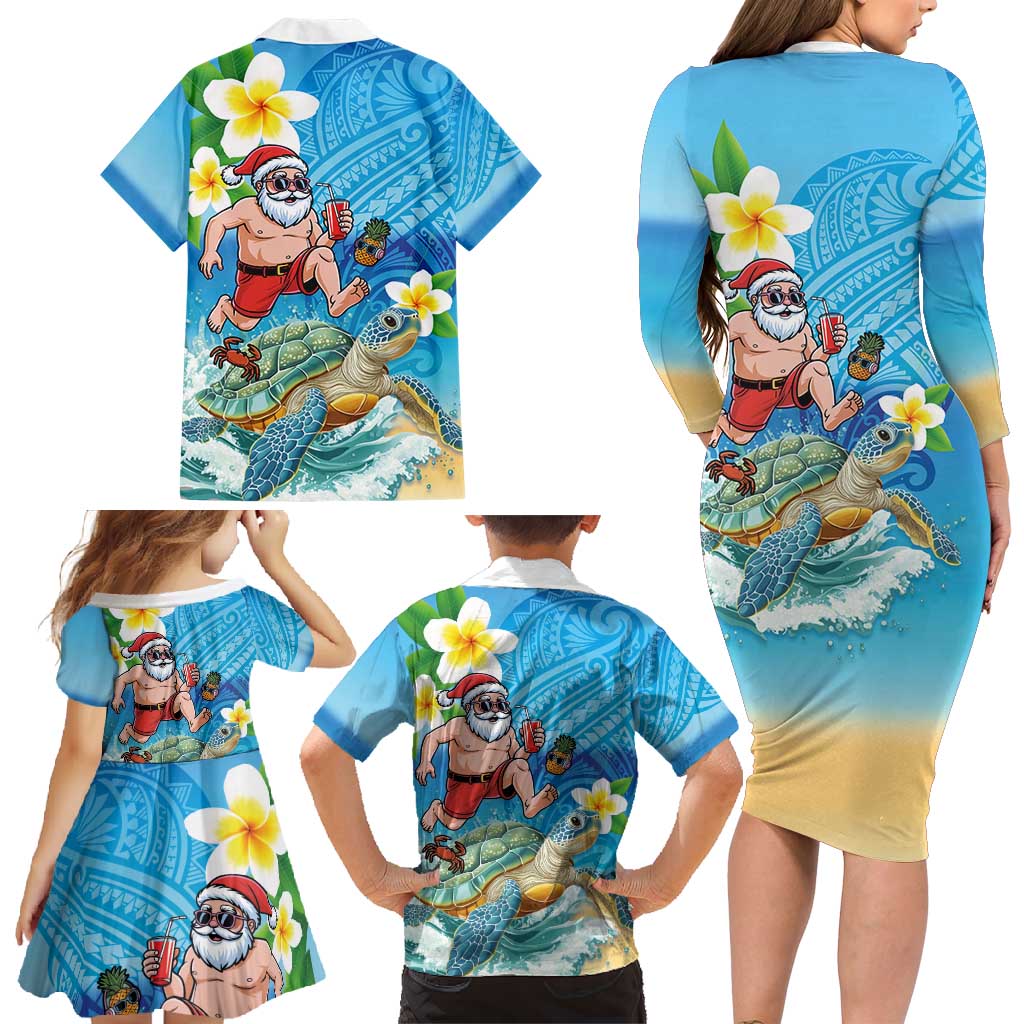 Polynesian Merry Christmas Family Matching Long Sleeve Bodycon Dress and Hawaiian Shirt Funny Santa with Sea Turtle Beach Plumeria - Polynesian Pride