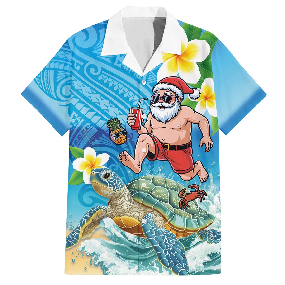 Polynesian Merry Christmas Family Matching Off The Shoulder Long Sleeve Dress and Hawaiian Shirt Funny Santa with Sea Turtle Beach Plumeria - Polynesian Pride