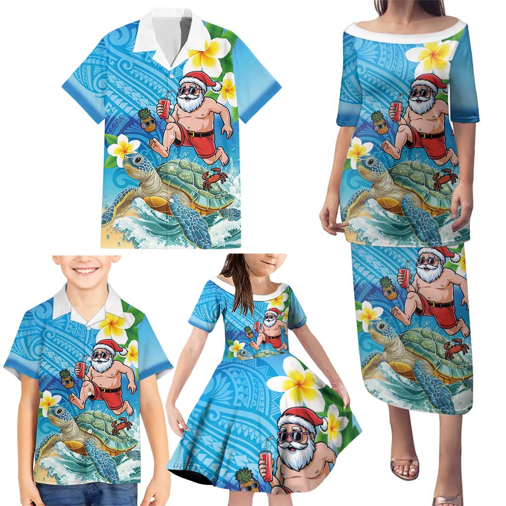 Polynesian Merry Christmas Family Matching Puletasi and Hawaiian Shirt Funny Santa with Sea Turtle Beach Plumeria - Polynesian Pride