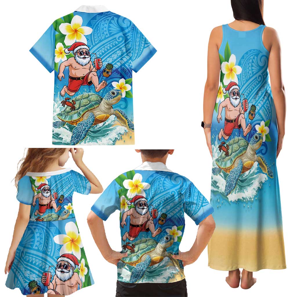 Polynesian Merry Christmas Family Matching Tank Maxi Dress and Hawaiian Shirt Funny Santa with Sea Turtle Beach Plumeria - Polynesian Pride