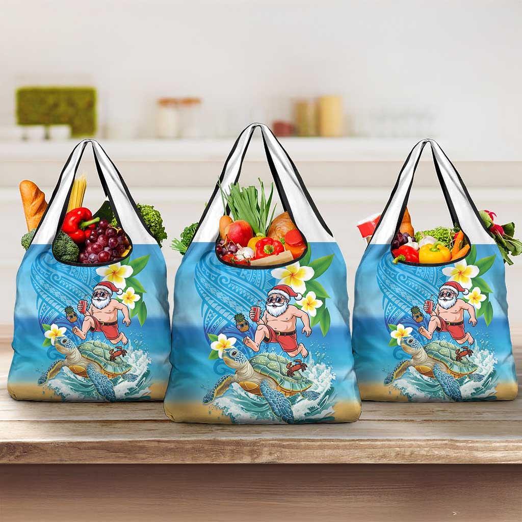 Polynesian Merry Christmas Grocery Bag Funny Santa with Sea Turtle Beach Plumeria - Polynesian Pride