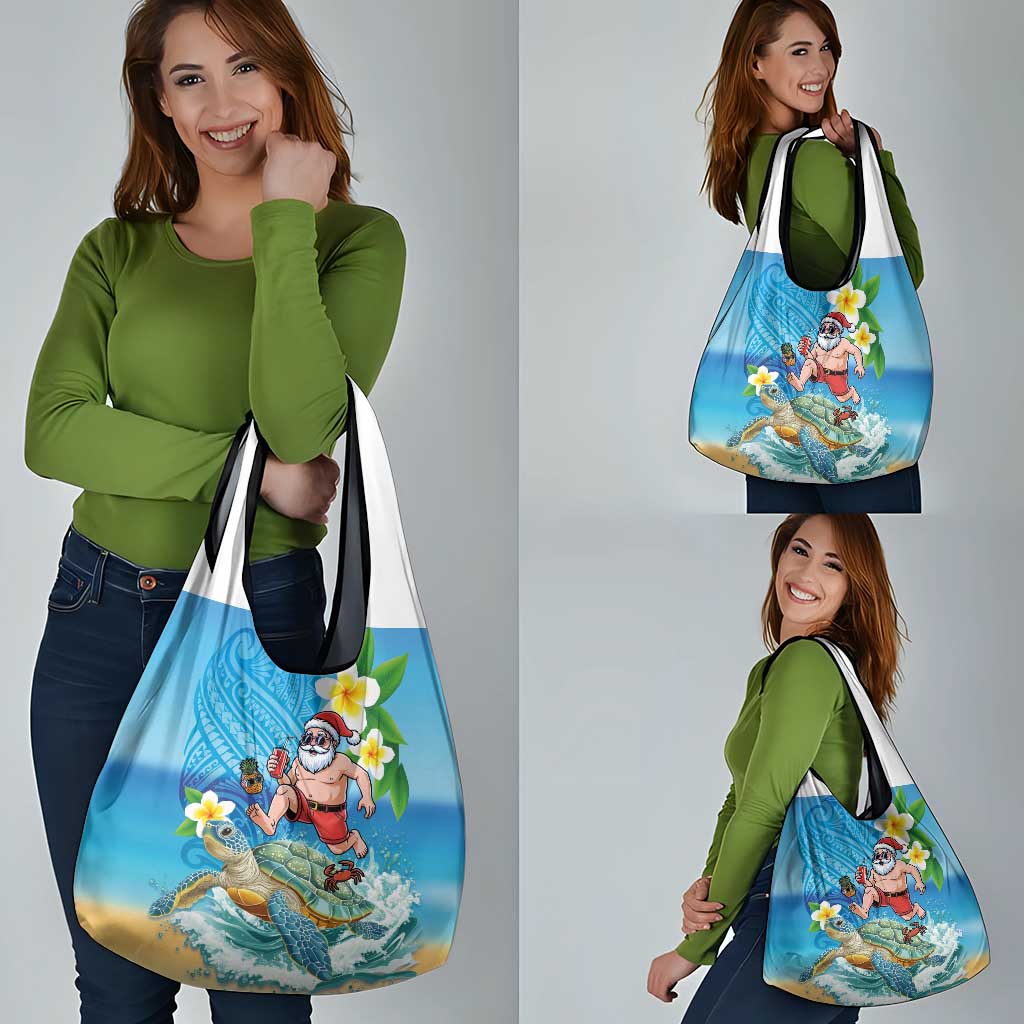 Polynesian Merry Christmas Grocery Bag Funny Santa with Sea Turtle Beach Plumeria - Polynesian Pride