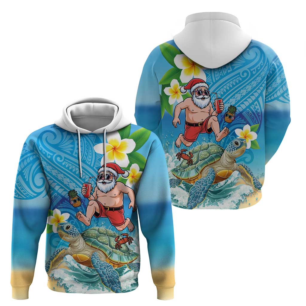 Polynesian Merry Christmas Hoodie Funny Santa with Sea Turtle Beach Plumeria - Polynesian Pride