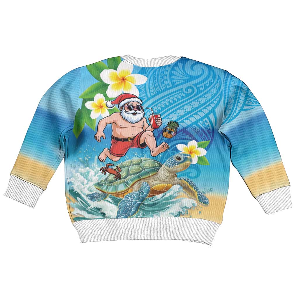 Polynesian Merry Christmas Kid Ugly Christmas Sweater Funny Santa with Sea Turtle on Beach and Plumeria - Polynesian Pride