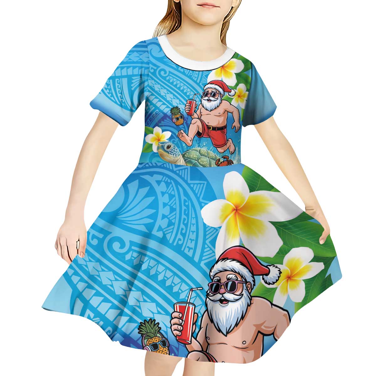 Polynesian Merry Christmas Kid Short Sleeve Dress Funny Santa with Sea Turtle Beach Plumeria - Polynesian Pride