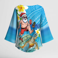Polynesian Merry Christmas Kimono Sleeve Blouse Funny Santa with Sea Turtle Beach Plumeria - Polynesian Pride