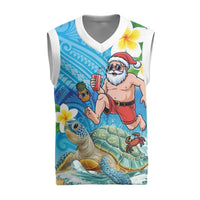 Polynesian Merry Christmas Knitted V-Neck Vest Funny Santa with Sea Turtle on Beach and Plumeria - Polynesian Pride