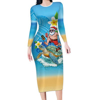 Polynesian Merry Christmas Long Sleeve Bodycon Dress Funny Santa with Sea Turtle Beach Plumeria - Polynesian Pride