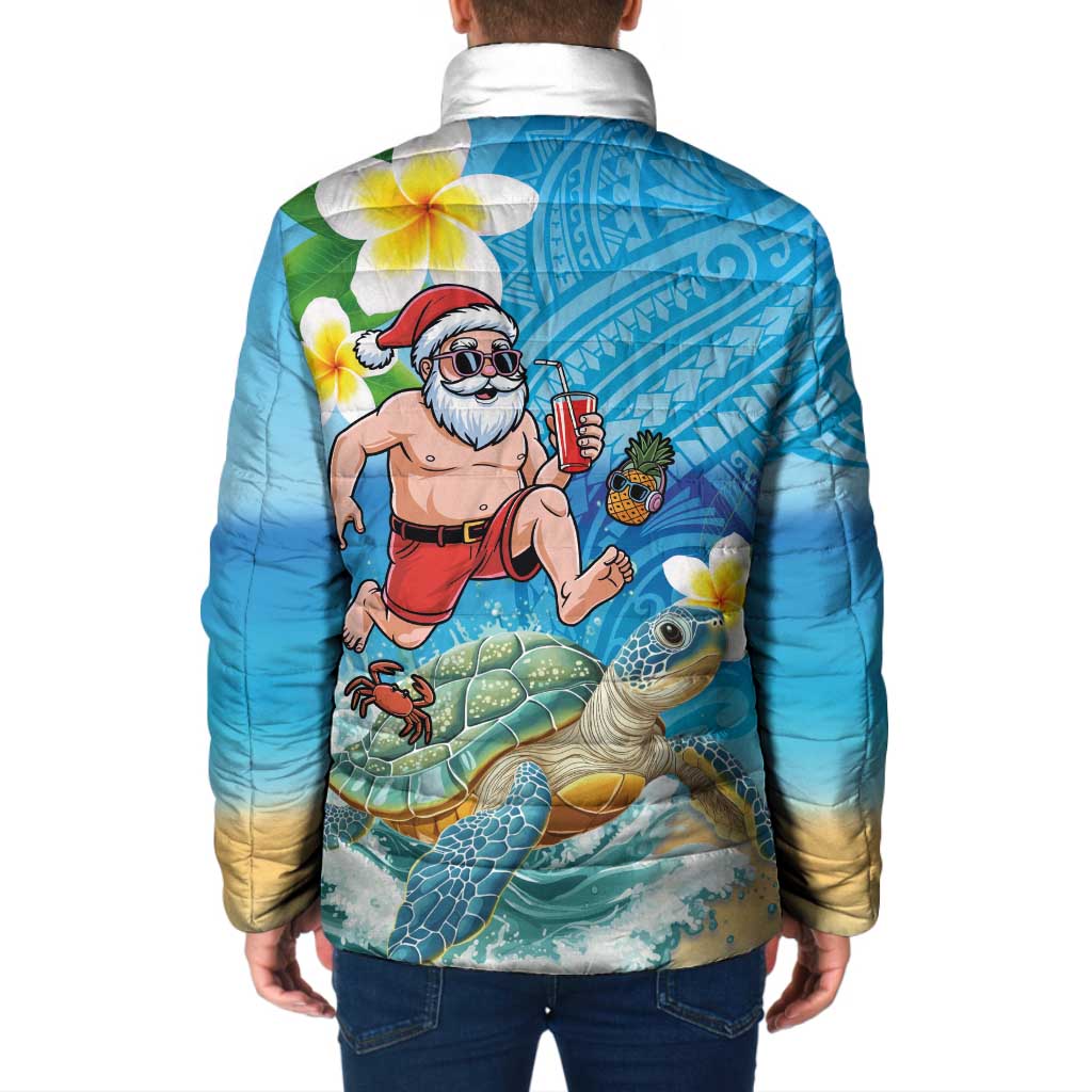 Polynesian Merry Christmas Padded Jacket Funny Santa with Sea Turtle Beach Plumeria - Polynesian Pride