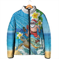 Polynesian Merry Christmas Padded Jacket Funny Santa with Sea Turtle Beach Plumeria - Polynesian Pride