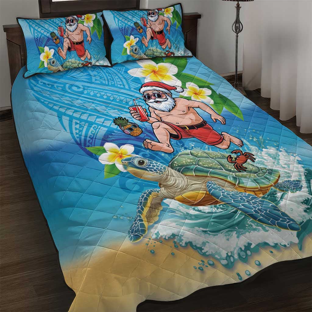 Polynesian Merry Christmas Quilt Bed Set Funny Santa with Sea Turtle Beach Plumeria - Polynesian Pride