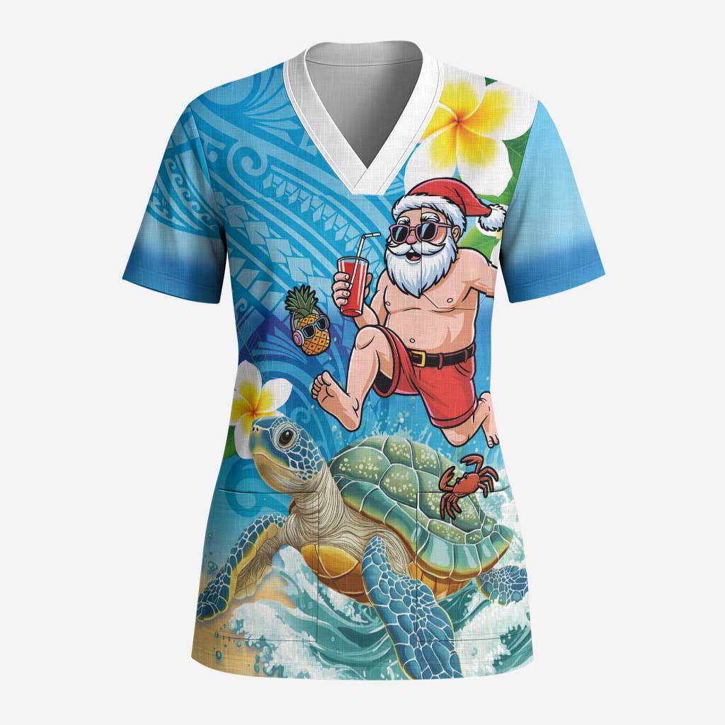 Polynesian Merry Christmas Scrub Top Funny Santa with Sea Turtle Beach Plumeria - Polynesian Pride
