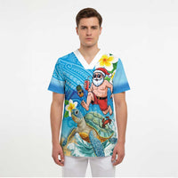 Polynesian Merry Christmas Scrub Top Funny Santa with Sea Turtle Beach Plumeria - Polynesian Pride