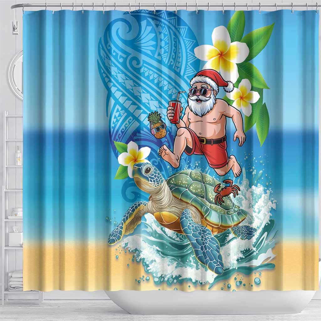 Polynesian Merry Christmas Shower Curtain Funny Santa with Sea Turtle Beach Plumeria - Polynesian Pride
