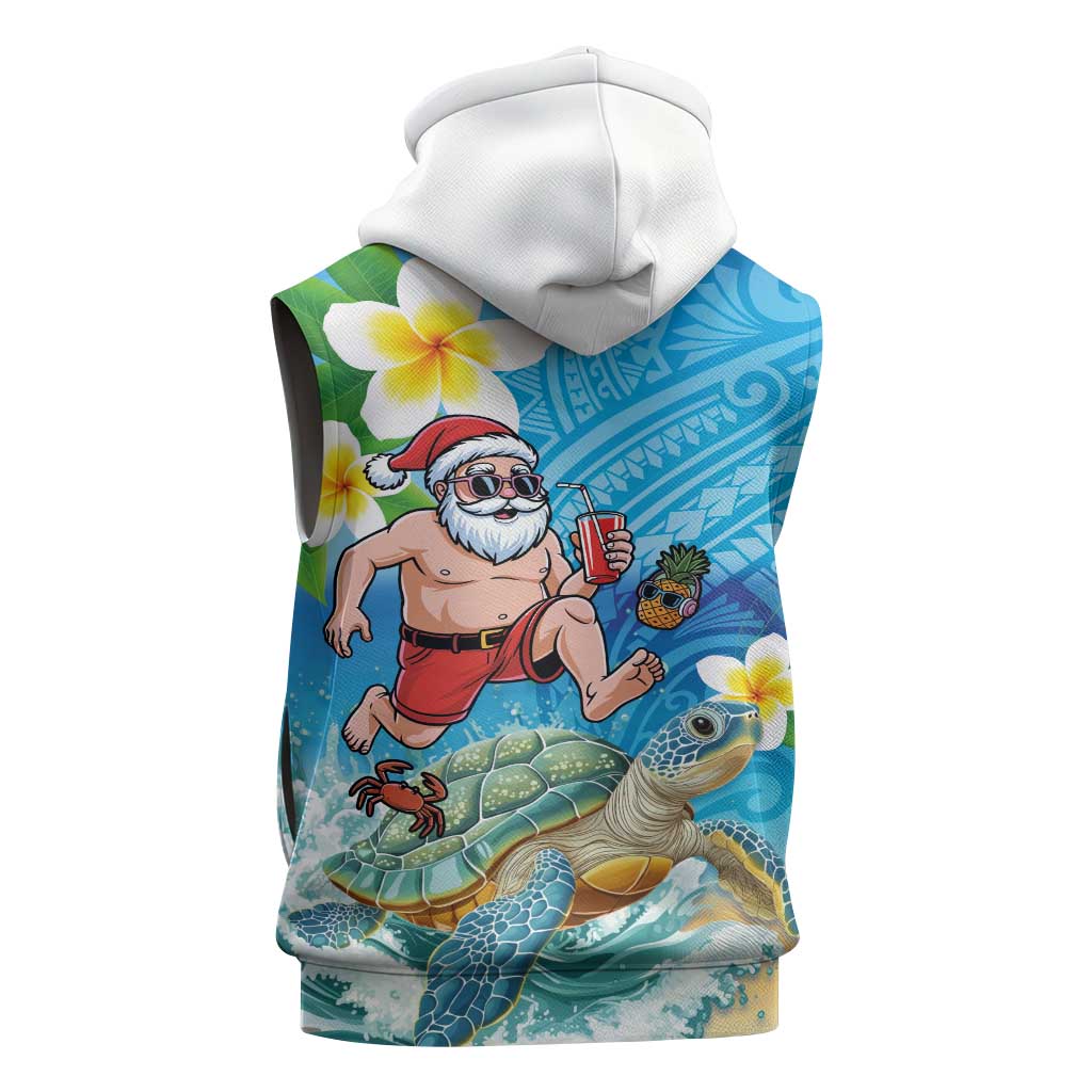 Polynesian Merry Christmas Sleeveless Hoodie Funny Santa with Sea Turtle Beach Plumeria - Polynesian Pride