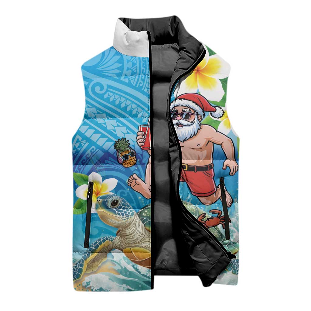 Polynesian Merry Christmas Sleeveless Puffer Jacket Funny Santa with Sea Turtle Beach Plumeria - Polynesian Pride