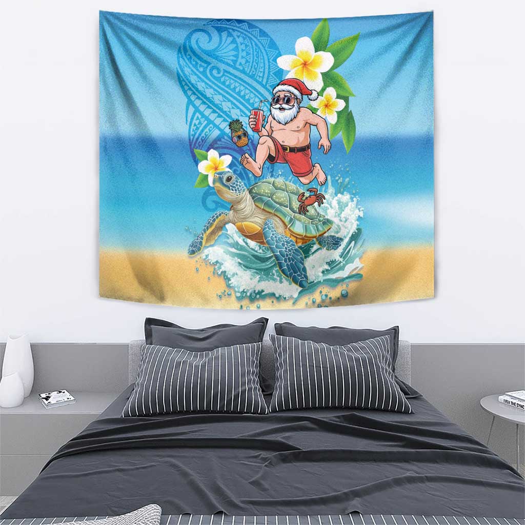 Polynesian Merry Christmas Tapestry Funny Santa with Sea Turtle Beach Plumeria - Polynesian Pride