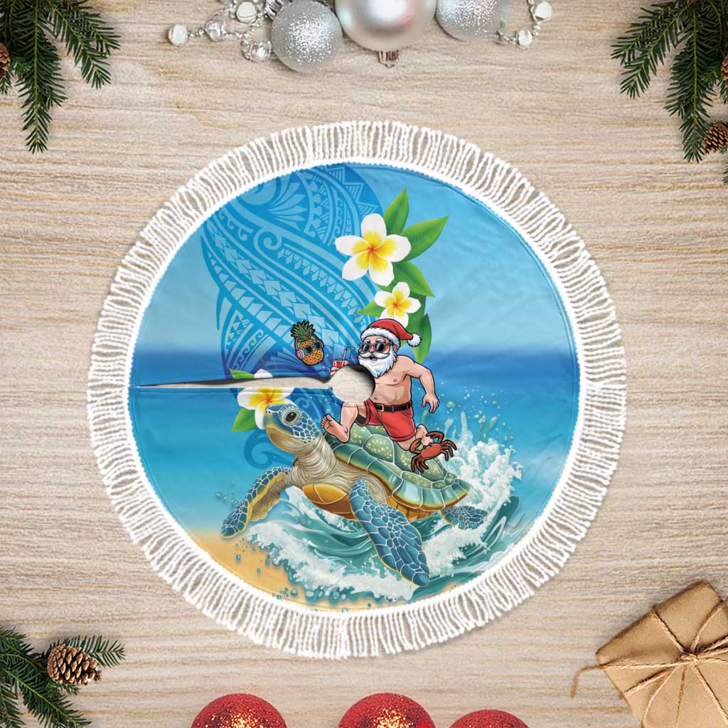 Polynesian Merry Christmas Tree Skirt Funny Santa with Sea Turtle on Beach and Plumeria - Polynesian Pride