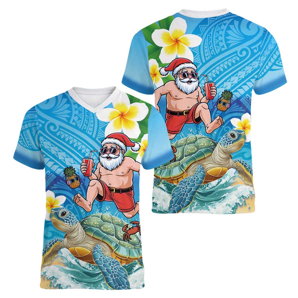 Polynesian Merry Christmas Women V-Neck T-Shirt Funny Santa with Sea Turtle Beach Plumeria - Polynesian Pride