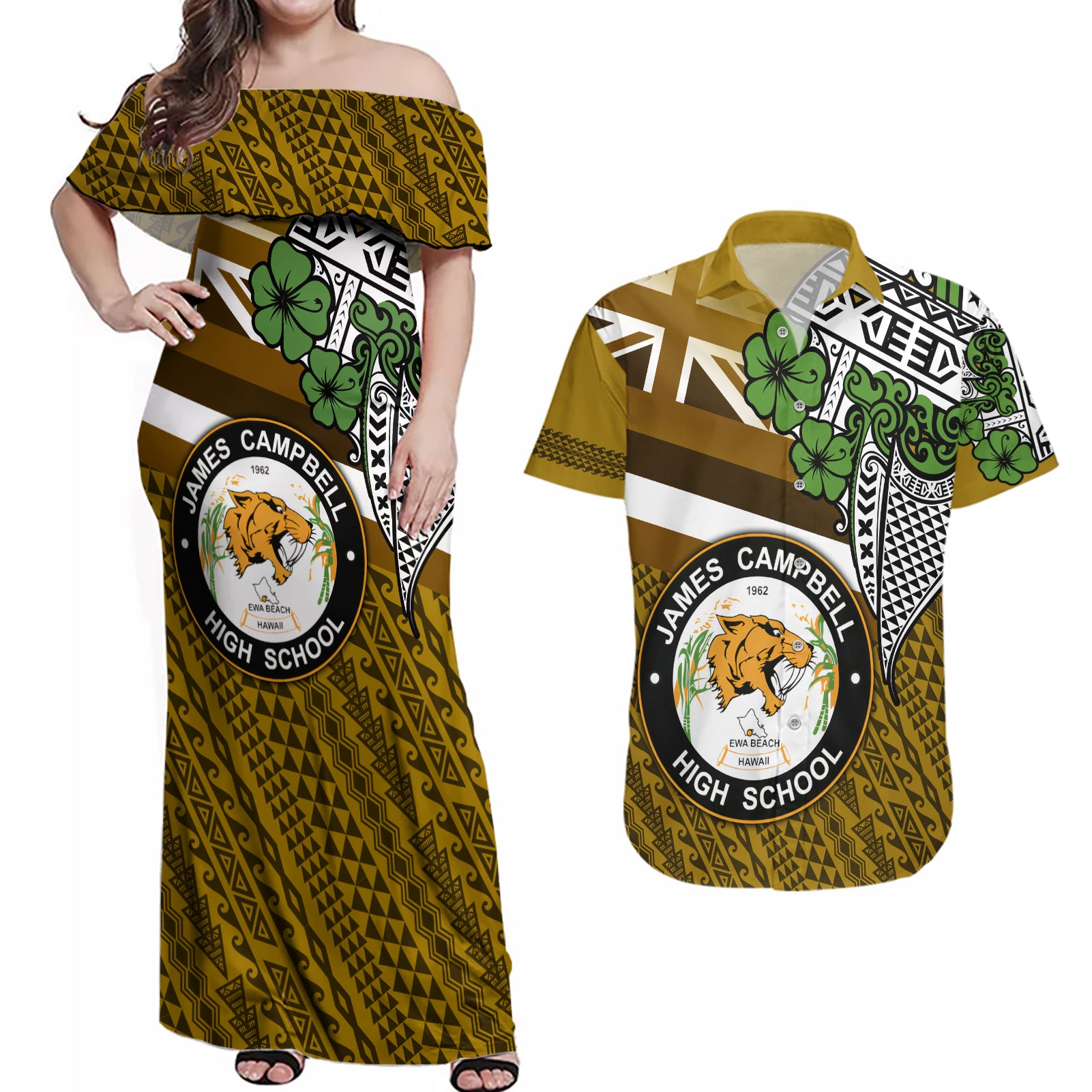 Hawaii James Campbell High School Couples Matching Off Shoulder Maxi Dress and Hawaiian Shirt Kakau Pattern Gold Color Version LT03 Gold - Polynesian Pride