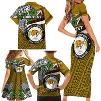 Hawaii James Campbell High School Family Matching Short Sleeve Bodycon Dress and Hawaiian Shirt Kakau Pattern Gold Color Version LT03 - Polynesian Pride
