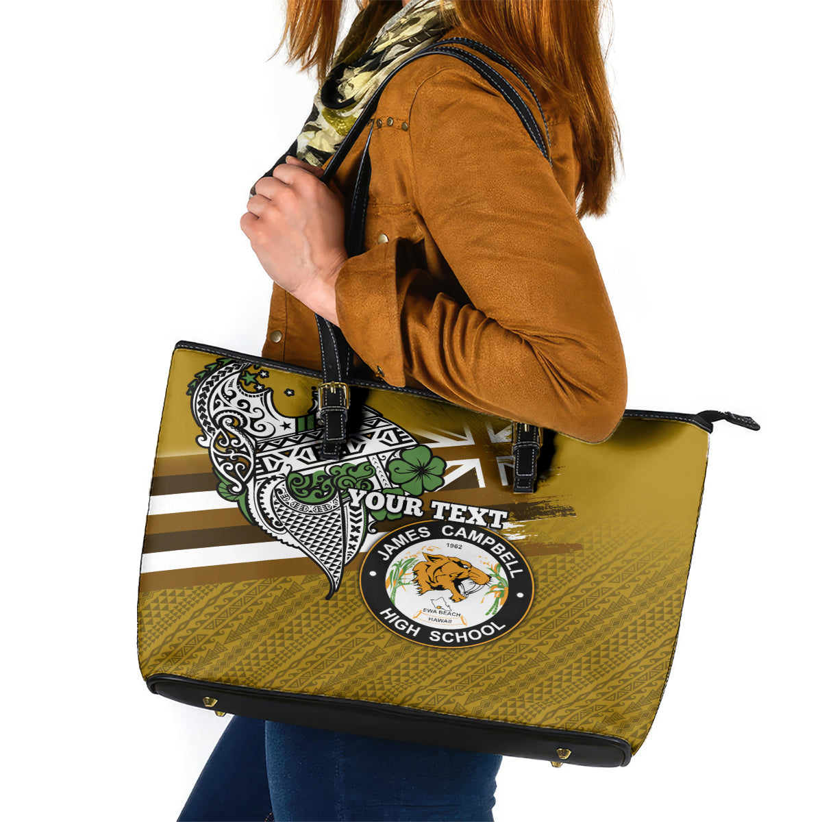 Hawaii James Campbell High School Leather Tote Bag Kakau Pattern Gold Color Version LT03 Gold - Polynesian Pride