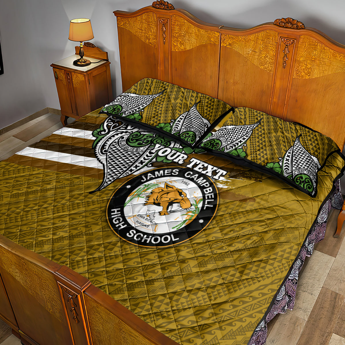Hawaii James Campbell High School Quilt Bed Set Kakau Pattern Gold Color Version LT03 - Polynesian Pride