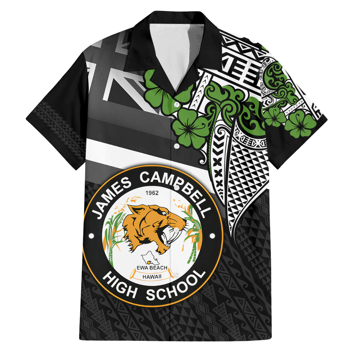Hawaii James Campbell High School Family Matching Mermaid Dress and Hawaiian Shirt Kakau Pattern Black Version LT03 Dad's Shirt - Short Sleeve Black - Polynesian Pride