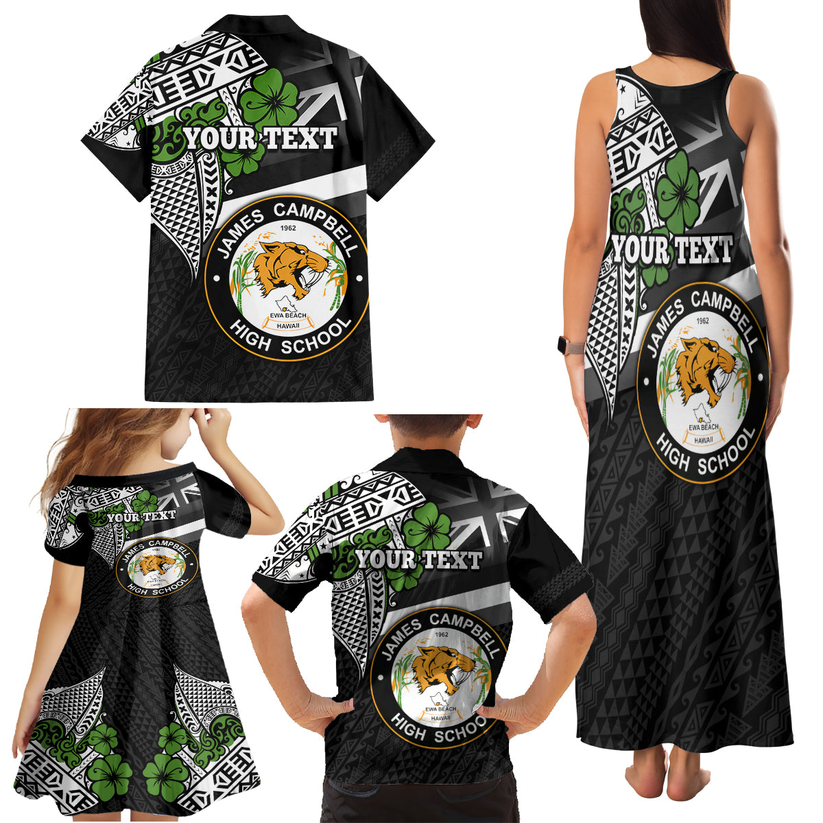 Hawaii James Campbell High School Family Matching Tank Maxi Dress and Hawaiian Shirt Kakau Pattern Black Version LT03 - Polynesian Pride