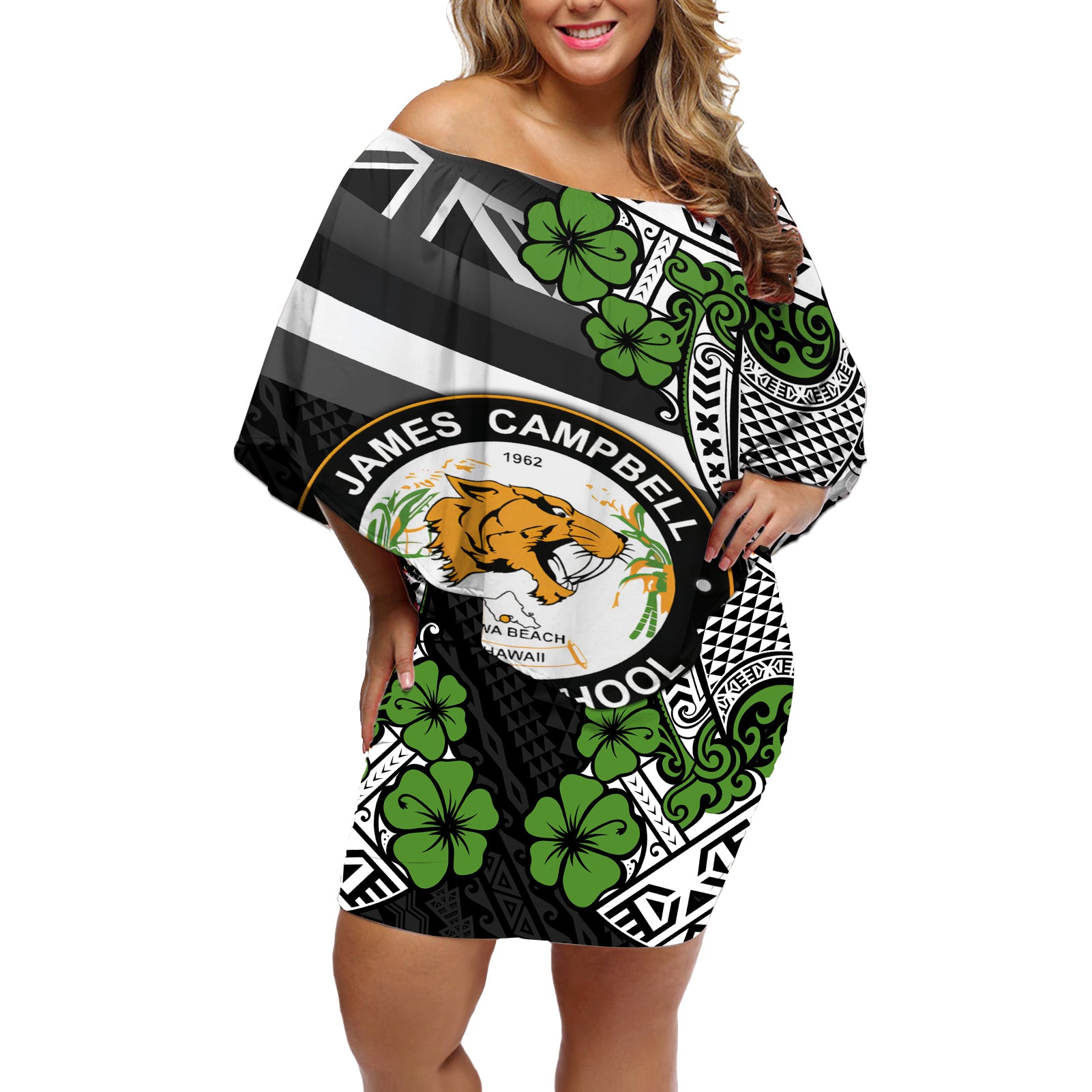 Hawaii James Campbell High School Off Shoulder Short Dress Kakau Pattern Black Version LT03 Women Black - Polynesian Pride